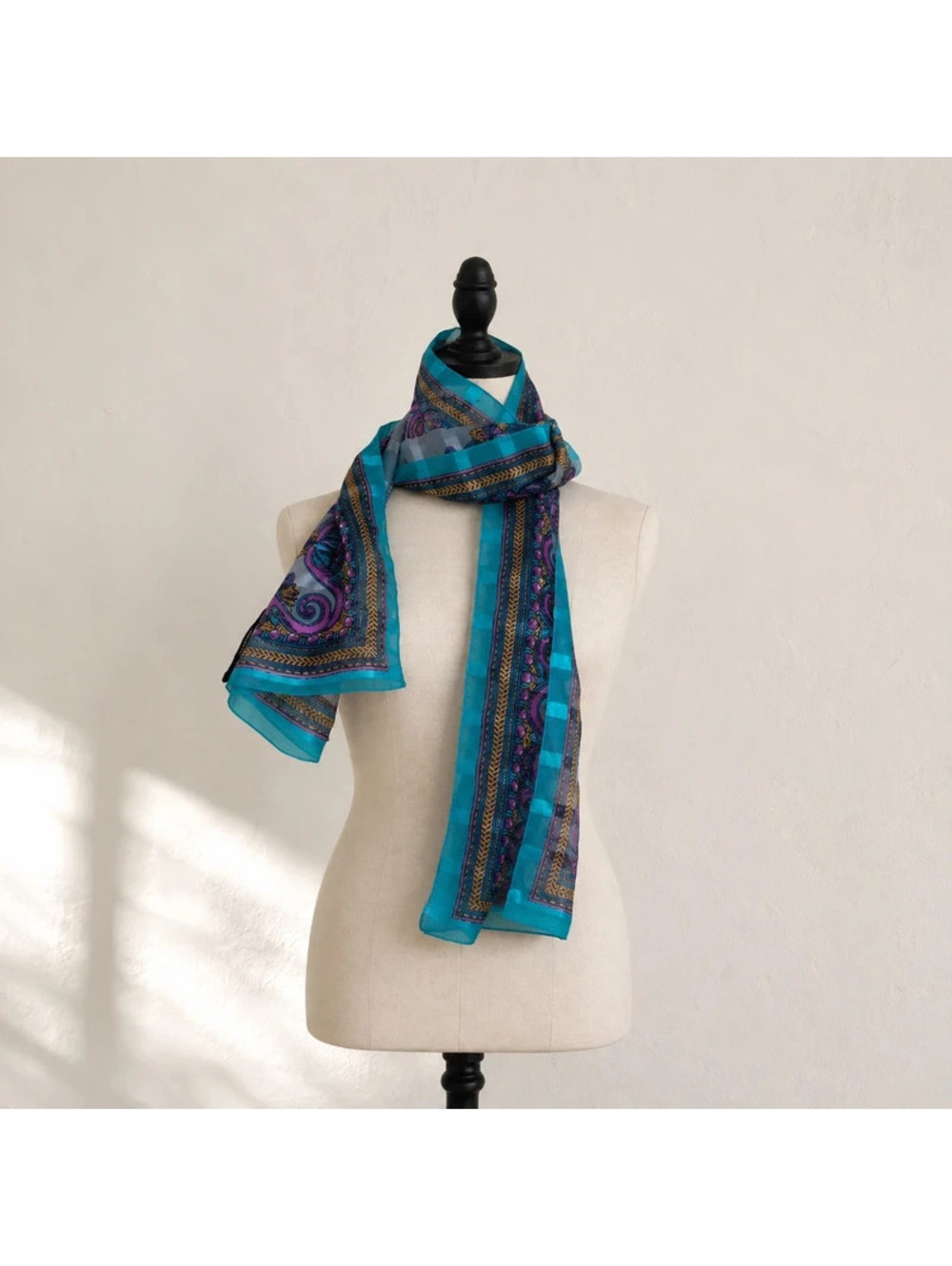 Teal Blue Purple Paisley Sheer Silky Lightweight Scarf Wrap
